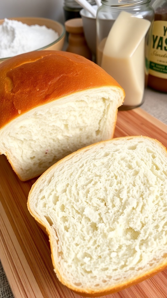 Freshly baked homemade sandwich bread loaf, sliced on a wooden board, with flour and sugar in the background.